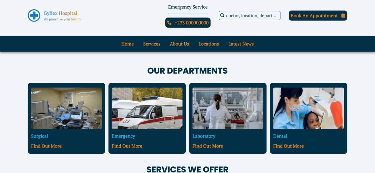 Homepage template of a hospital management system.